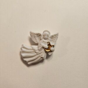 Lenox Porcelain Angel Brooch Pin Playing Lyre White & Gold Trim Vintage